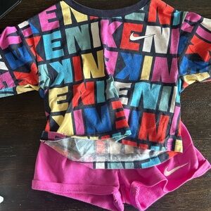 Nike Girls Multicolor Logo Crop Tee with Hot Pink Shorts